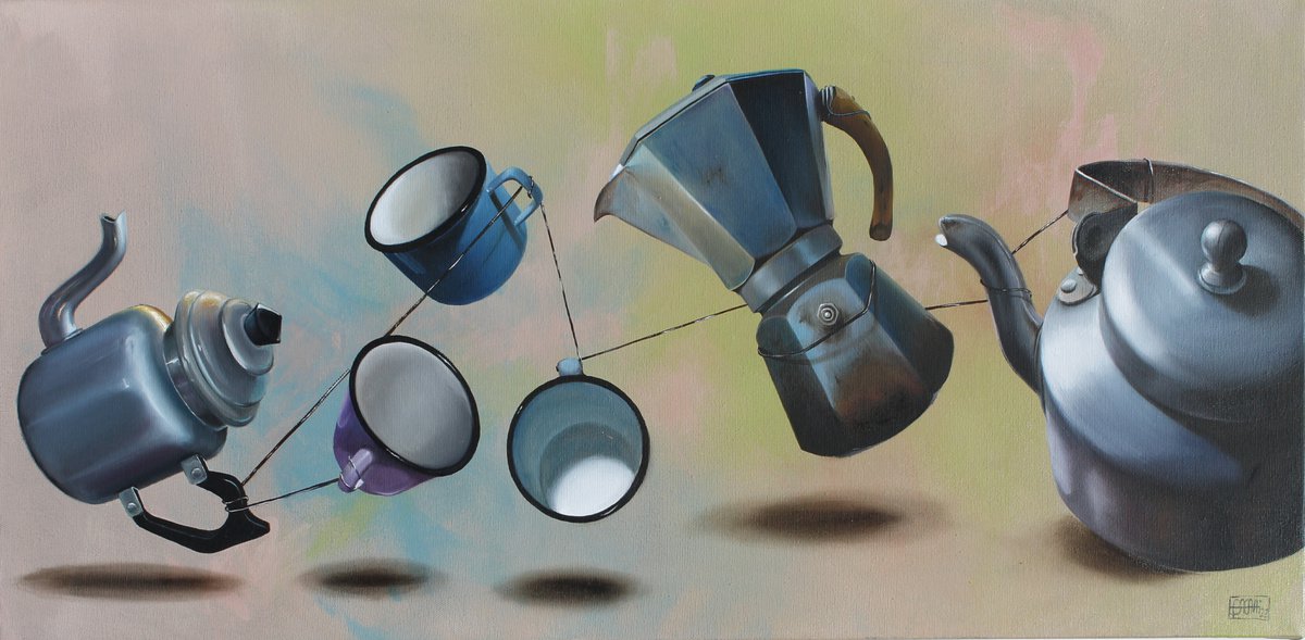 Photorealistic Still Life Oil Painting By Nicoletta Bagatti, 31 X 16", Decollare - Sospesi 7, Original Artwork