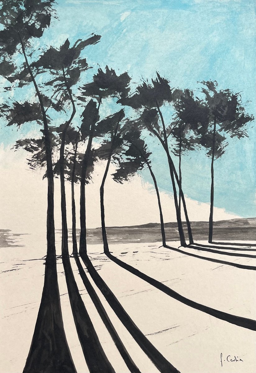 Expressive Landscape Painting By Cadiou Frederic, 9 X 13, Cap Coz - Indian Ink, Original Artwork