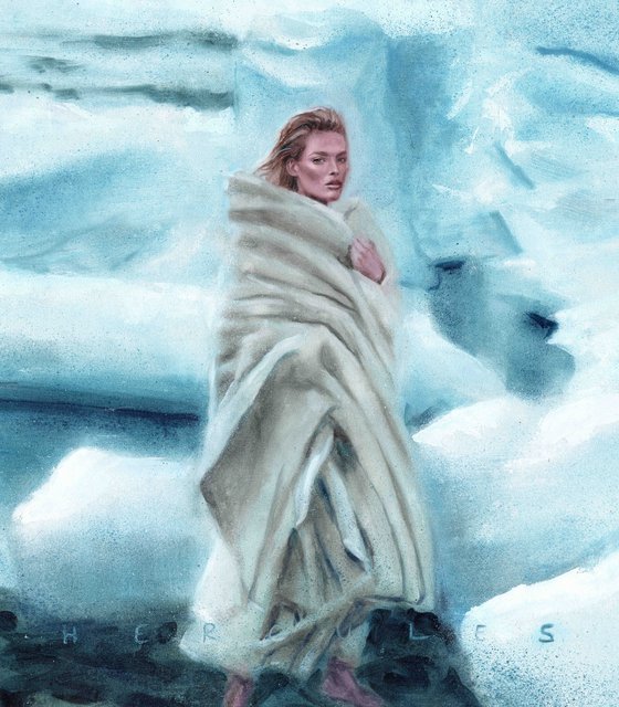 Is it summer yet?  Oil painting of blonde model wearing a fur blanket on ice rocks freezing her toes off.
