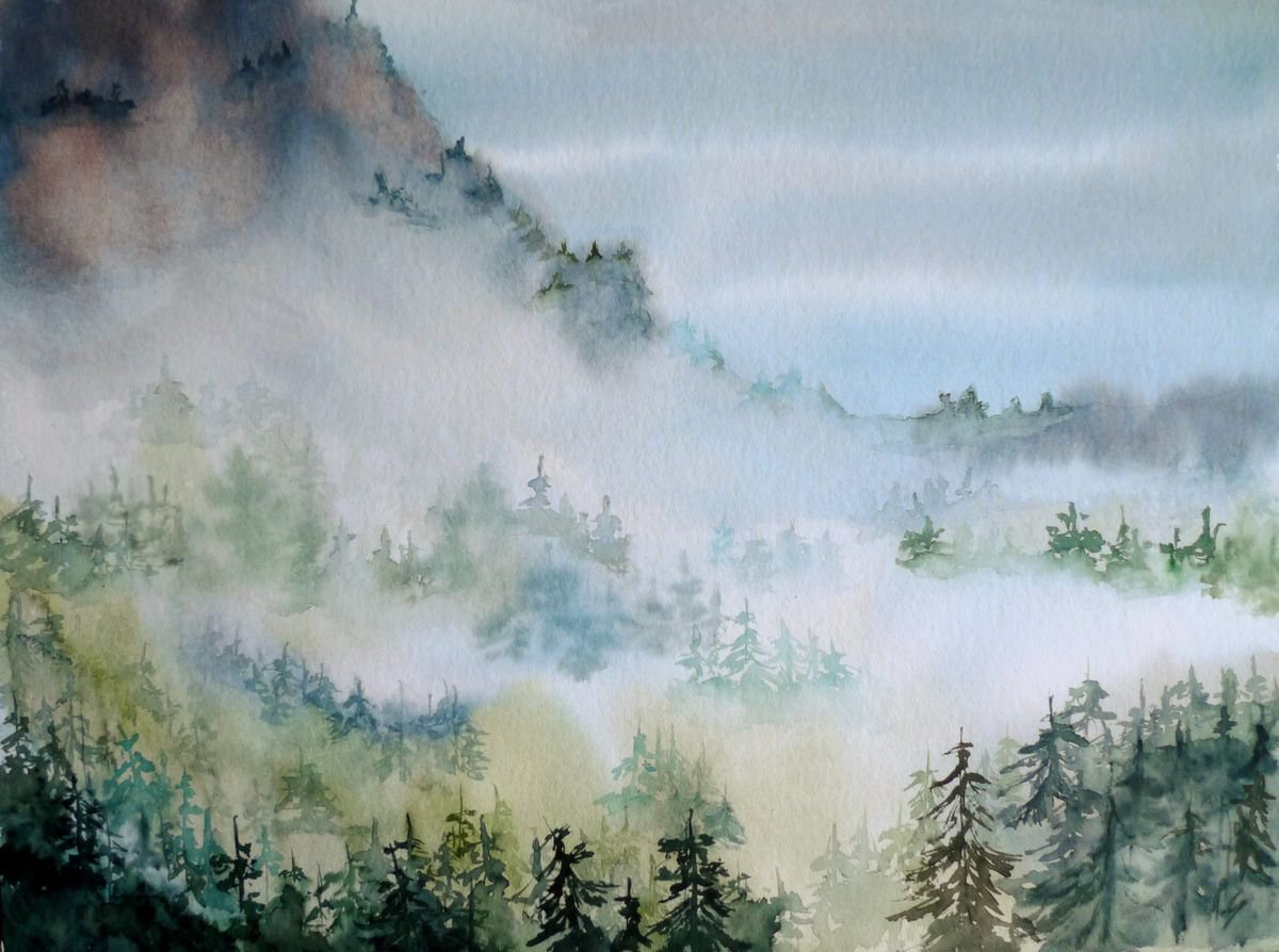 Impressionistic Landscape Watercolour By Aneta Gajos, 16 X 12, Misty Forest, Original Artwork