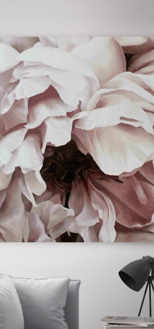 "Blossomed peony 2" Pink white flower art by Olha