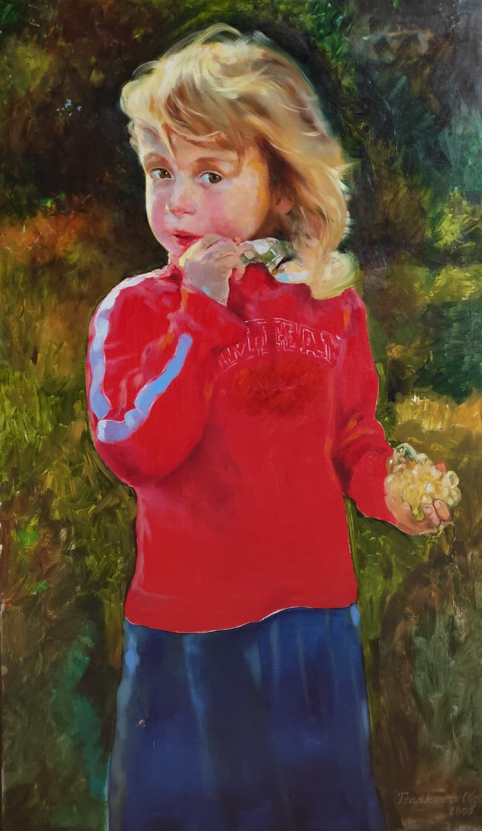 The blonde girl in red with the grapes by Olga Tsarkova by Olga Tsarkova