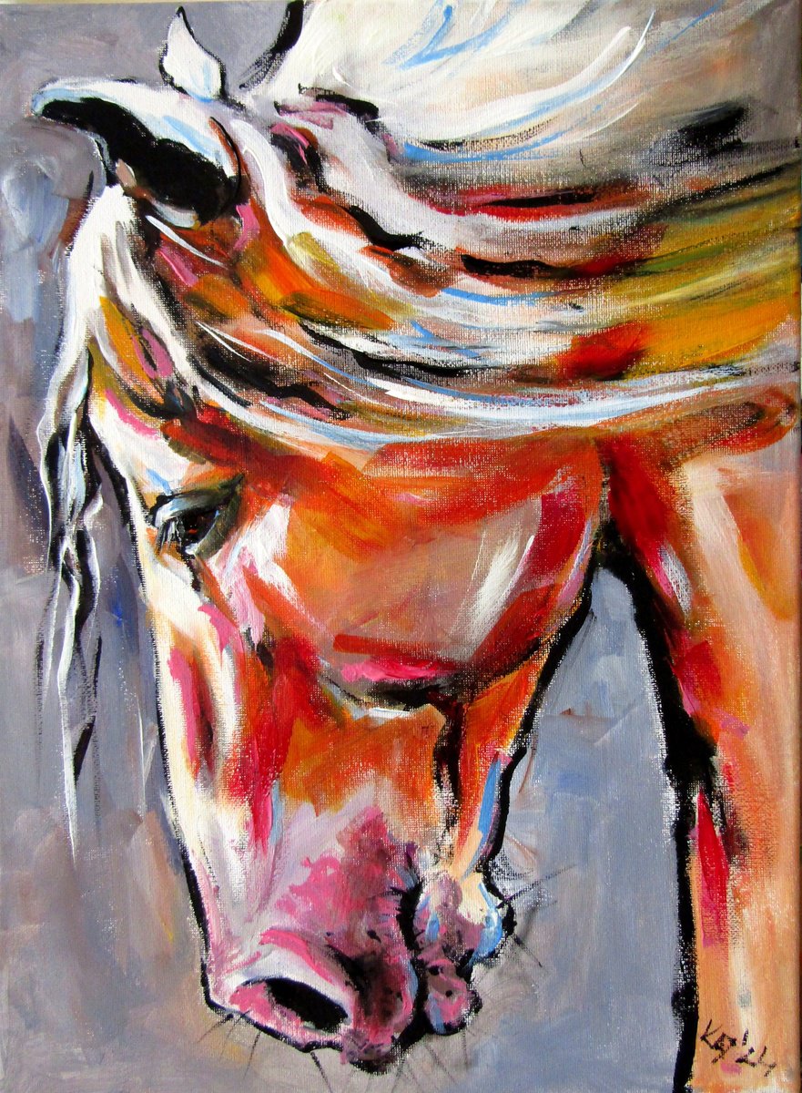 Impressionistic Animal Acrylic Painting By Kovacs Anna Brigitta, 12 X 16", Horse Portrait Iii, Original Artwork