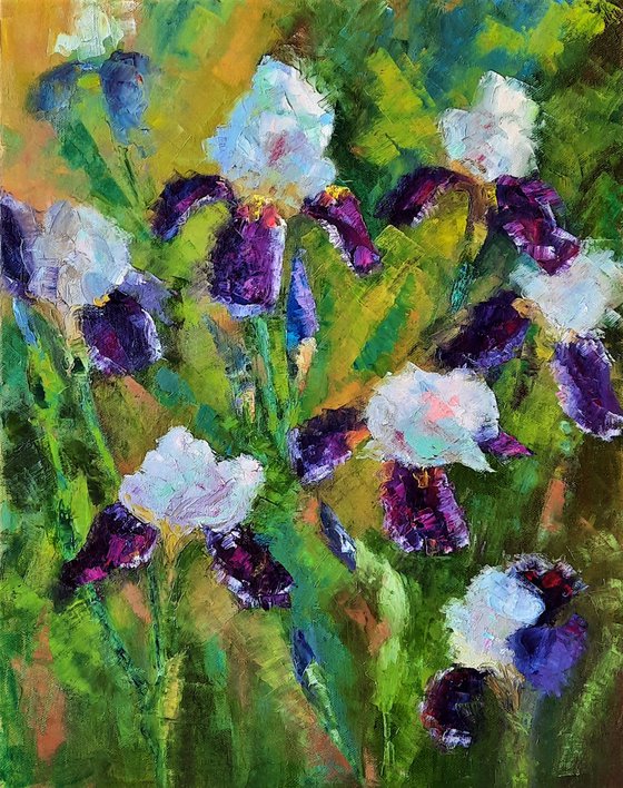 Irises - summer mood, bright picture, oil painting, home decor, original gift.