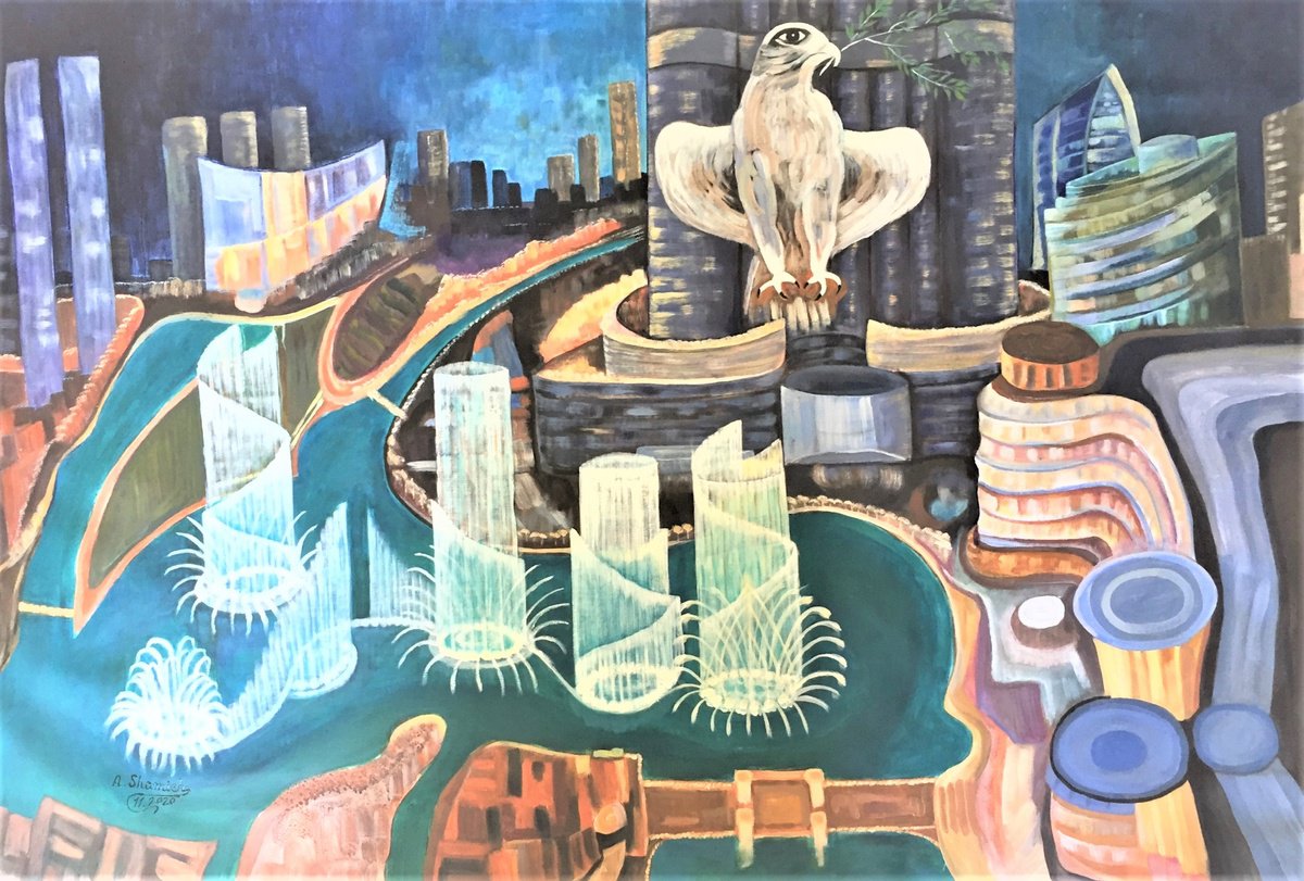 Expressive Cityscapes Acrylic Painting By Abdelrahman Shamieh, 63 X 43, Dubai Fountain, Original Artwork