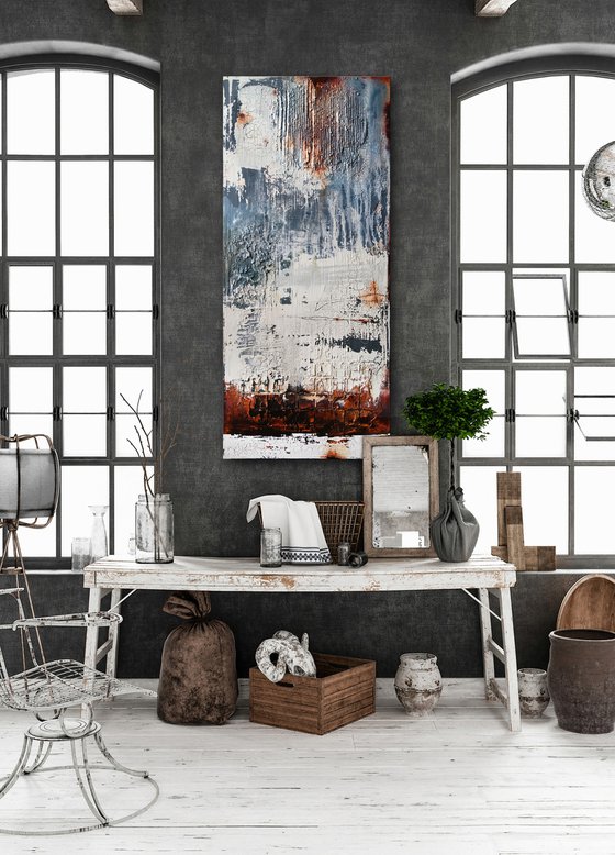 LOST THOUGHTS * 120 x 50 cms -  ABSTRACT ARTWORK - PAINTING - WITH STRUCTURES - OFF-WHITE BROWN
