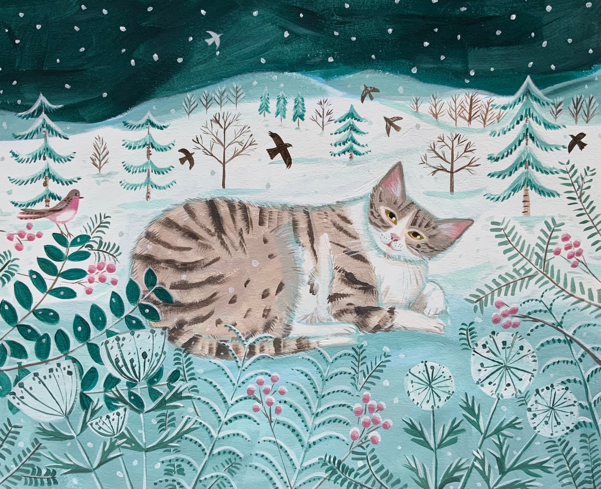 Illustrative Acrylic Painting , Snowy Tabby By Mary Stubberfield, 15 X 11, Artwork For Sale On Artfinder