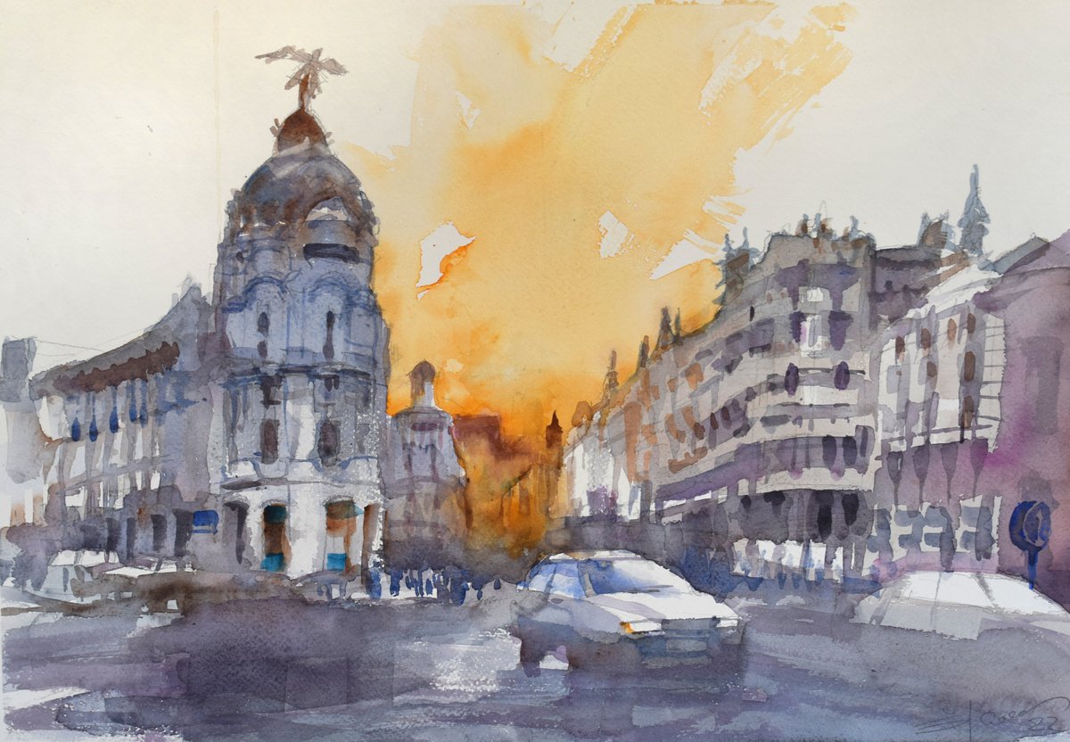 Impressionistic Cityscapes Watercolour By Goran Zigolic Watercolors, 22 X 15, Madrid Sunset, Original Artwork