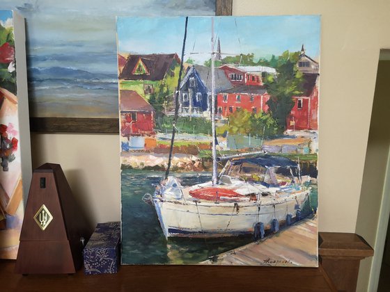 Shining boat (ocean bay, plein air) (16x20x0.7")