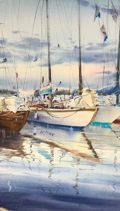 Moored yachts at sunset #2 by Eugenia Gorbacheva