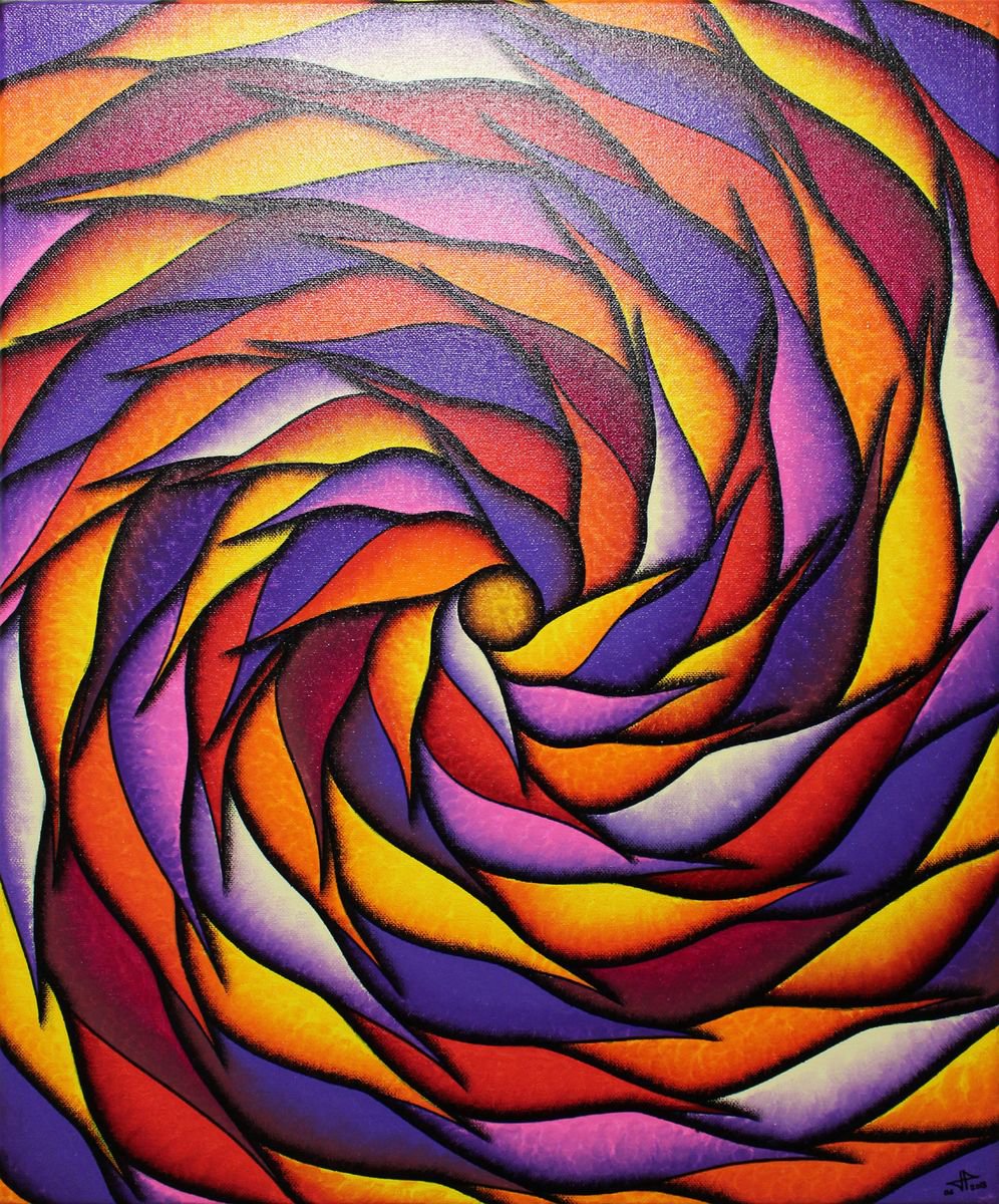 Abstract Acrylic Painting By Jonathan Pradillon, 18 X 22, Reddish And Purplish Spiral, Original Artwork