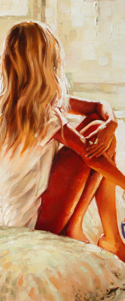 Morning and Coffee by Yaroslav Sobol  (Modern Impressionistic Romantic Beautiful Girl Oil painting Gift) by Yaroslav Sobol