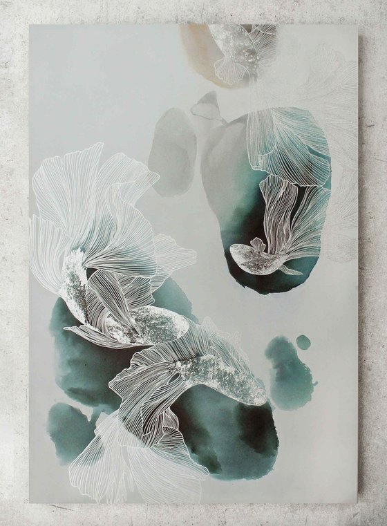 "Immensity" Abstract teal silver fish art