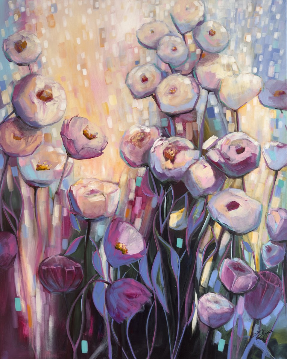 Impressionistic Botanical Acrylic Painting By Sandra Gebhardt-Hoepfner, 31 X 39", Finally Summer, Original Artwork