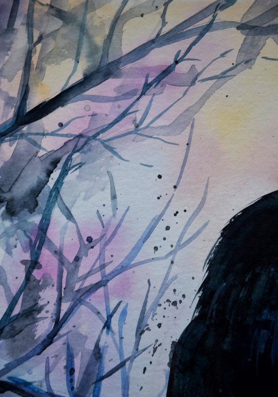 Raven watercolor painting, black crow wall art, gothic home decor, Halloween gift