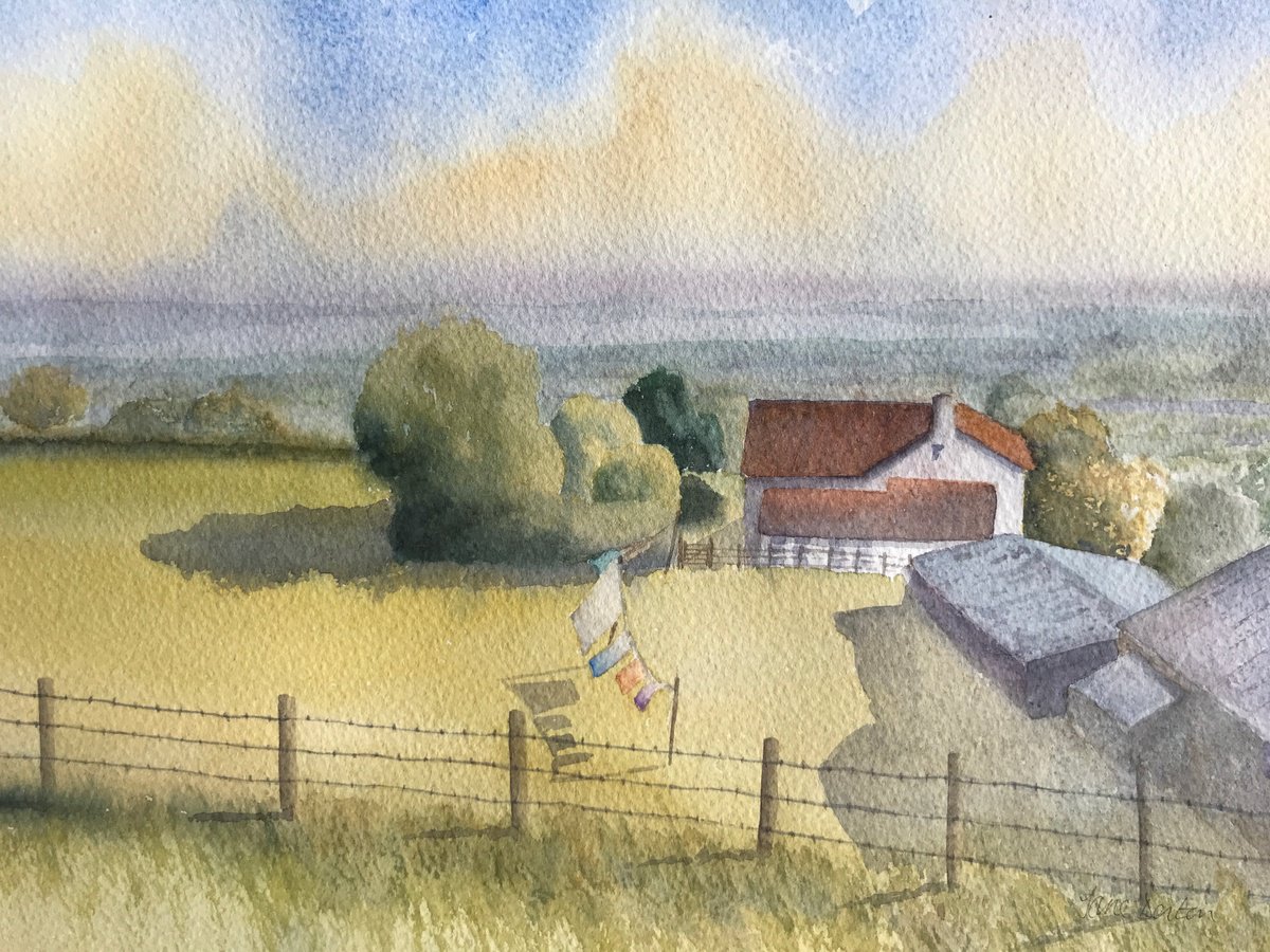 Impressionistic Landscape Watercolour By Jane Denton, 13 X 9, Washday At The Farmhouse, Original Artwork
