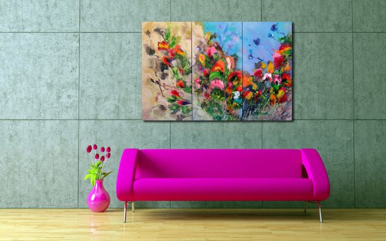 XL TRIPTYCH  Landscape with colorful Flowers