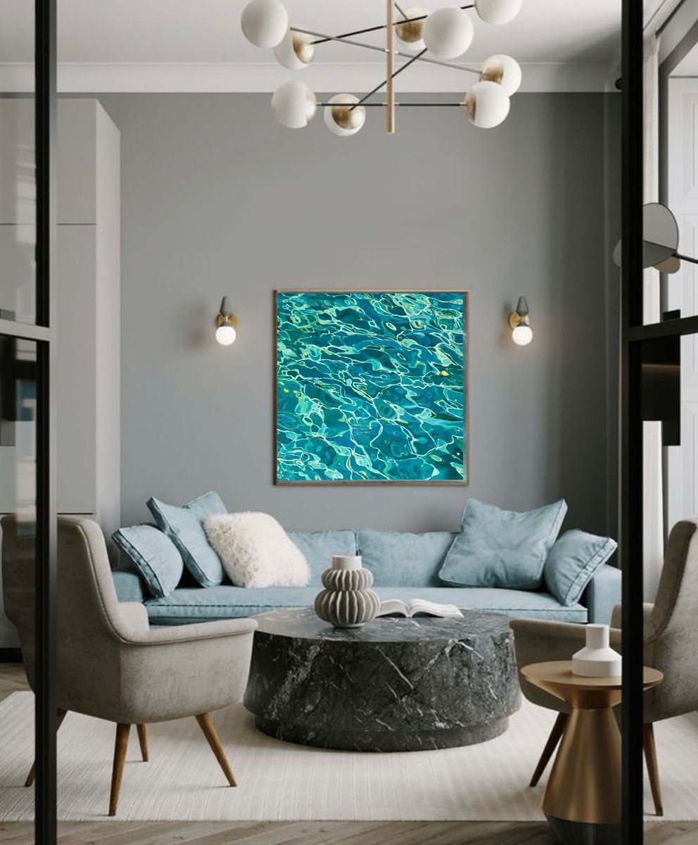 Photorealistic Landscape Oil Painting By Ulyana Korol, 39 X 39", Liquid Emerald, Original Artwork