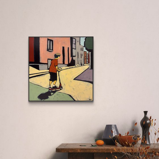 Boy on a Scooter — 16x16 in Original Painting