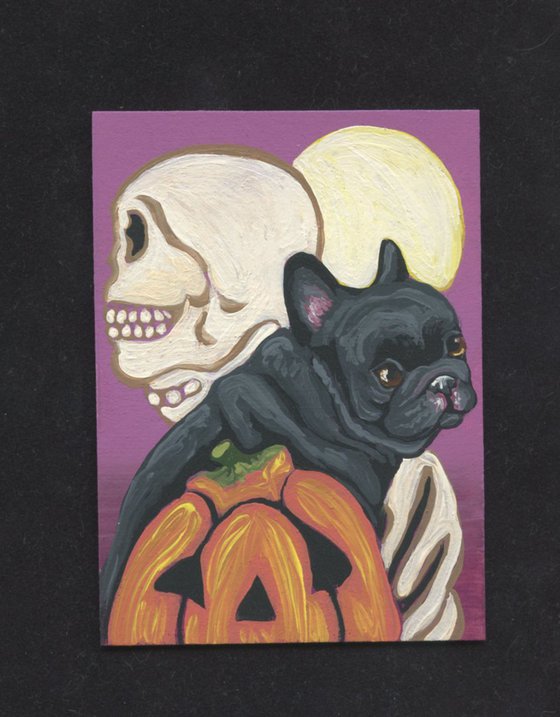 ACEO ATC Original Miniature Painting Halloween French Bulldog Art-Carla Smale