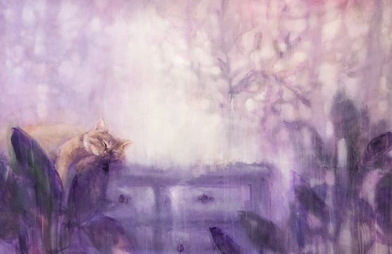 Violet morning - homescape with ginger cat