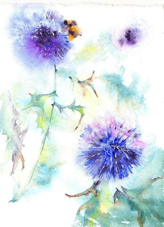 Bee On Globe Thistle Original Watercolour Paint Artfinder