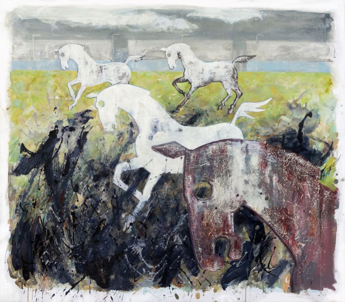 Surrealistic Landscape Painting By John Sharp, 43 X 39, England - White Horse 2, Original Artwork