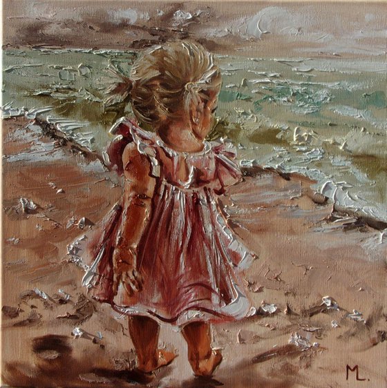 " LITTLE GIRL DANCING " original painting SEA SUMMER palette knife GIFT autumn