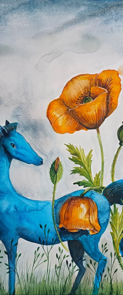 Blue Horse and Poppy Flowers by Evgenia Smirnova