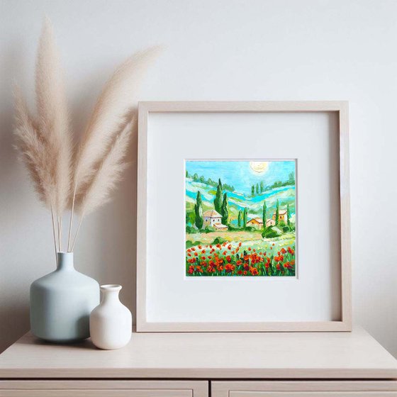 Tuscany Landscape Painting Poppy Meadow Original Art  Oil Painting
