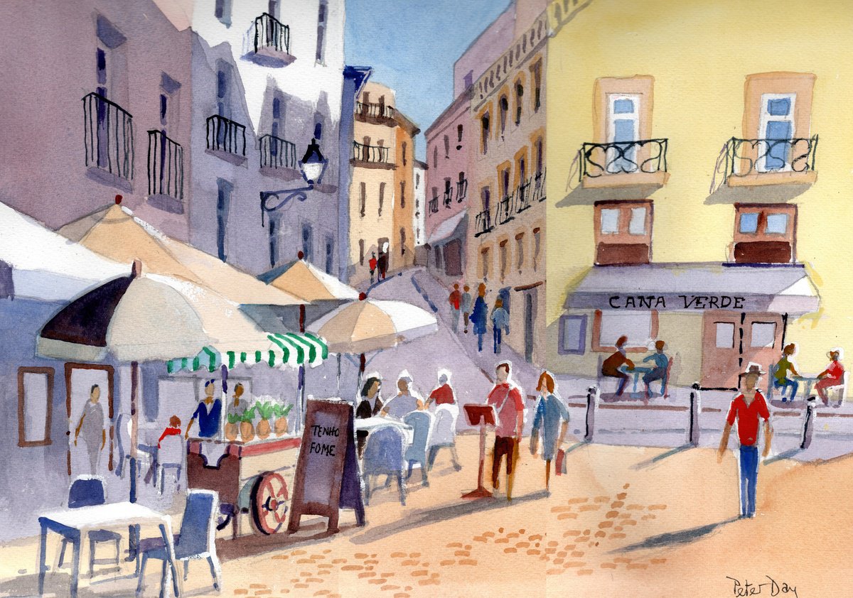 Impressionistic Cityscapes Watercolour By Peter Day, 17 X 13", Lisbon Cafe, Largo Do Chafariz, Original Artwork