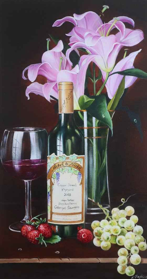 Wine Bottle, Lilies and Fruit