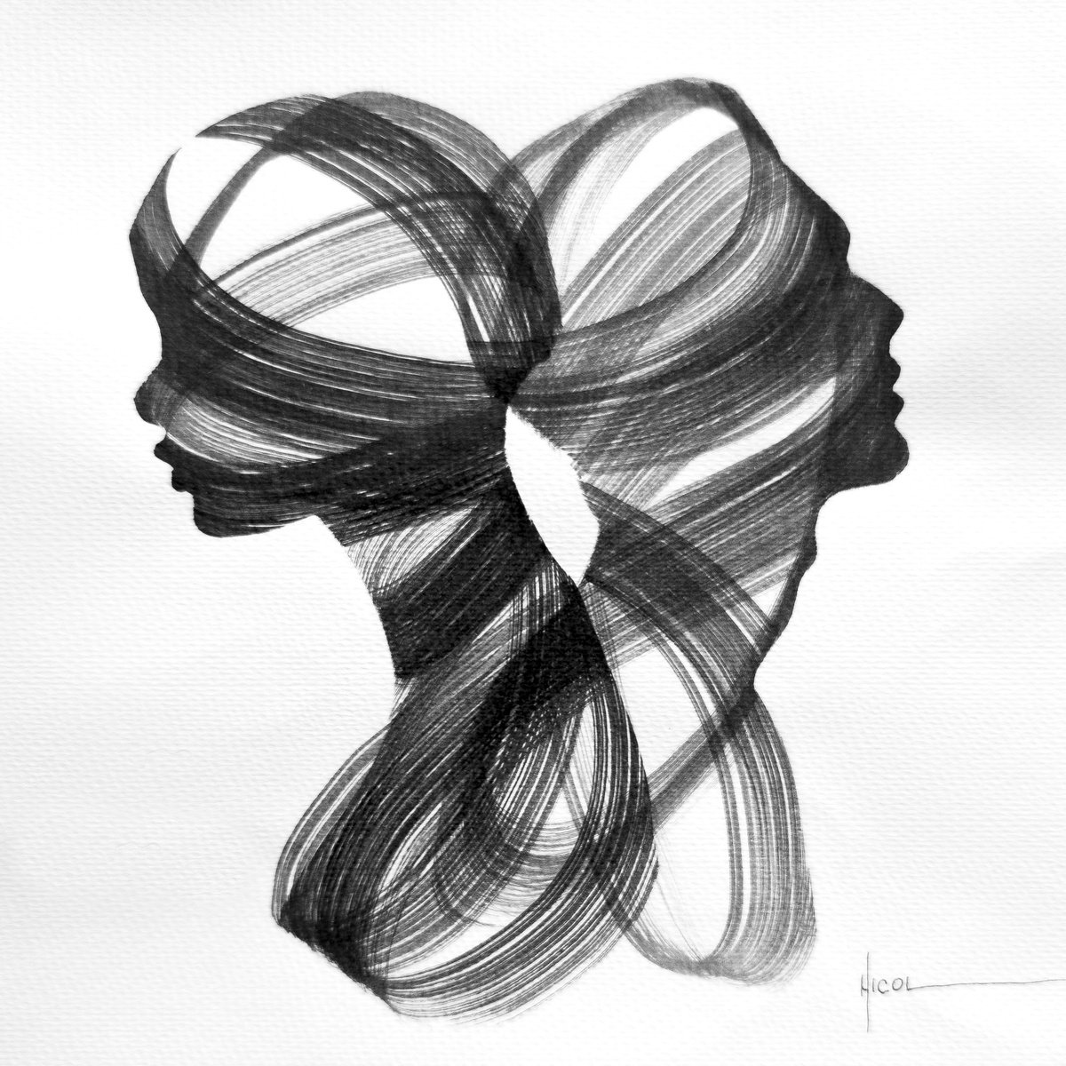 Expressive Portrait Ink Drawing By Nicol Vacaru, 11 X 11", Entwined In Thought, Original Artwork