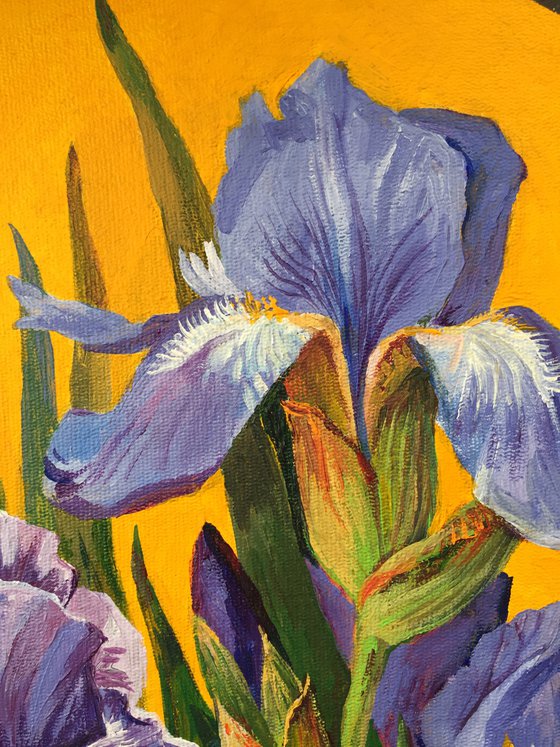 Irises. Spring 2022. No war. Round bright painting.