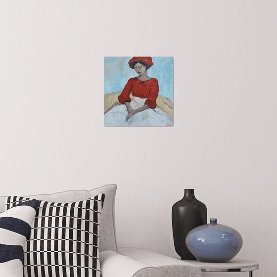 A Girl in a Red Blouse and Hat