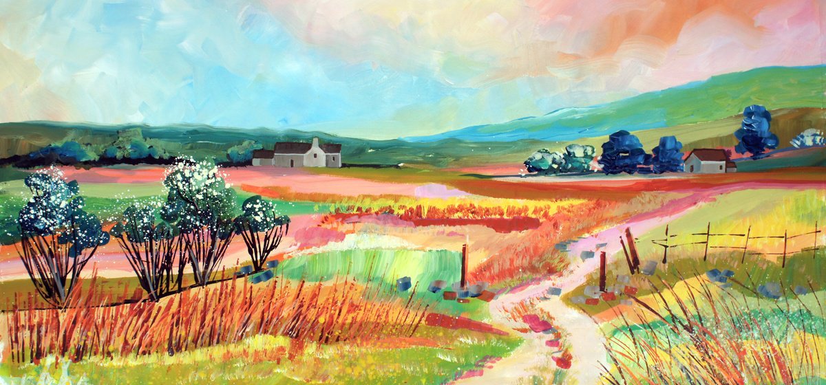 Impressionistic Landscape Acrylic Painting By Julia Rigby, 28 X 13", Track In The Dales, Original Artwork