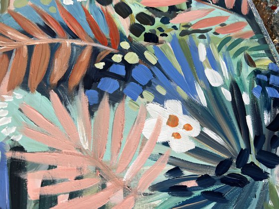 Green Tropic - Flower Painting Tropical Leaves Palm Branches Home Decor, Green and Blue Botanical Painting, Tropical Painting, Floral Wall Art