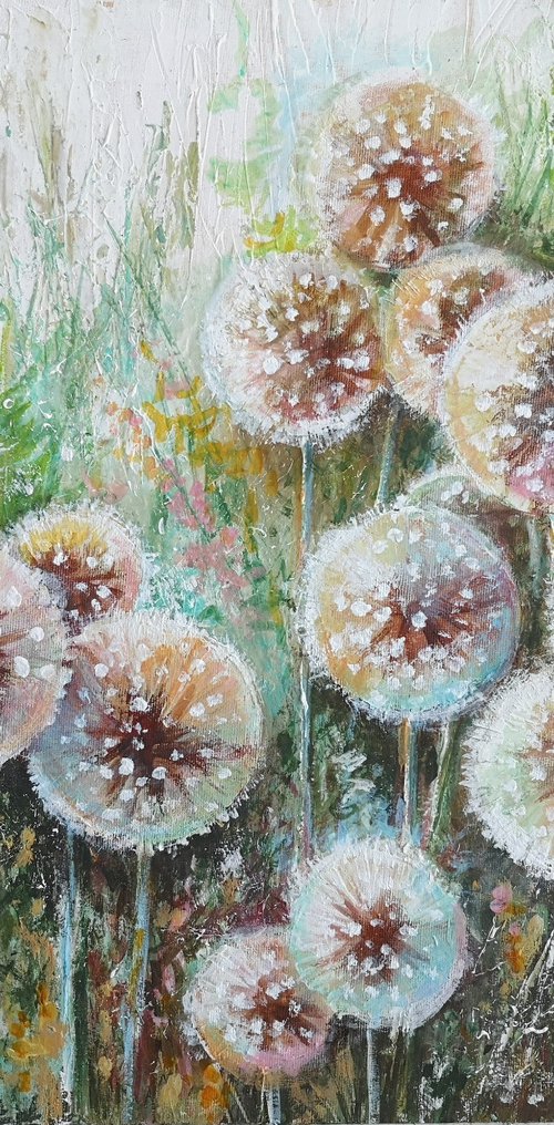 Dandelions flowers painting, Textural painting on canvas by Annet Loginova