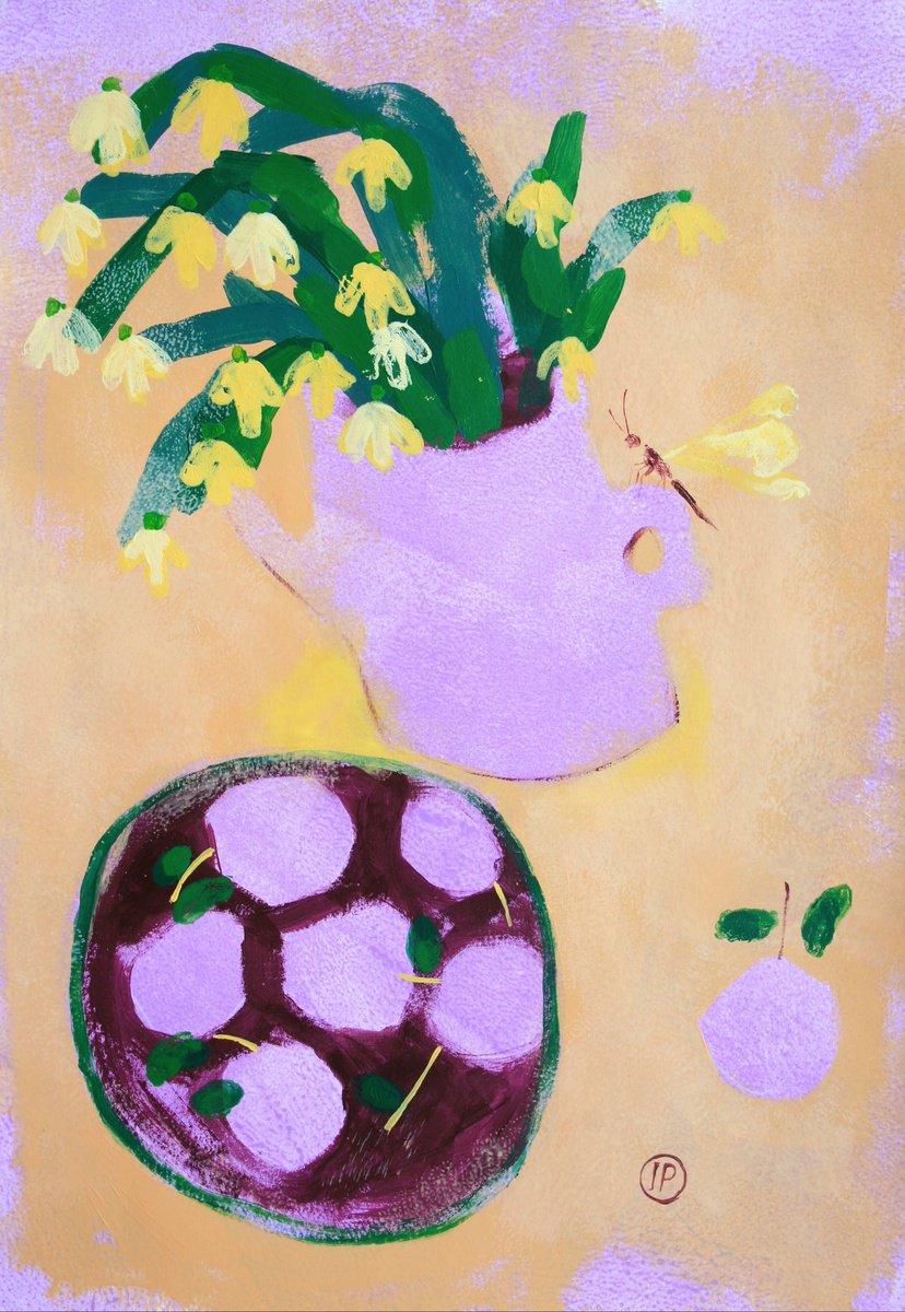 Impressionistic Still Life Acrylic Painting By Irina Plaksina, 12 X 17, Morning In The Village, Original Artwork