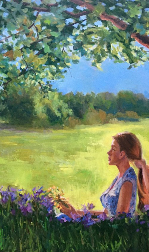 Relax minutes under green tree, Realistic landscape, Israeli Art by Leo Khomich