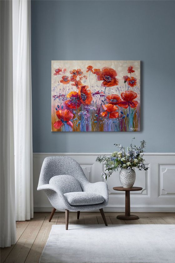 "Red poppies". Flowers oil painting. 100x80cm