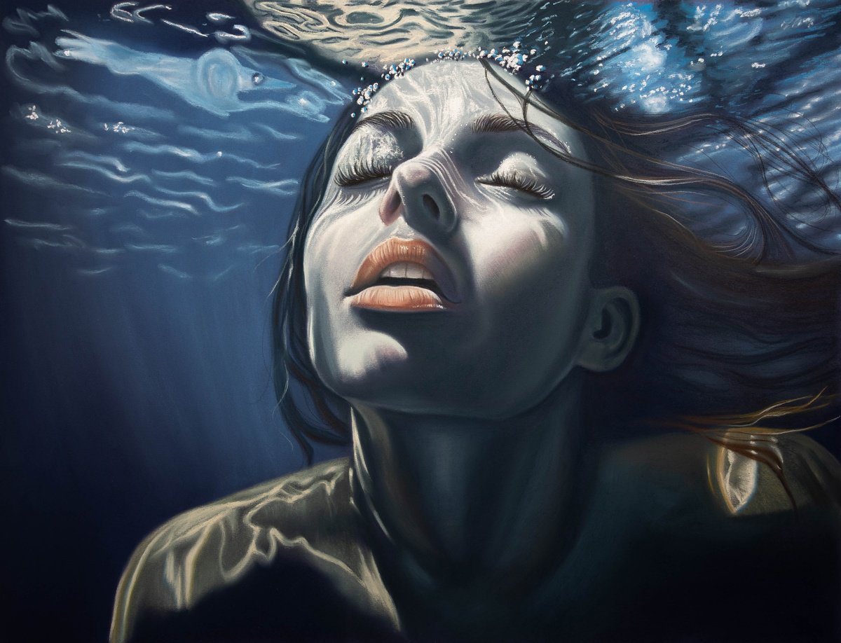 Photorealistic Portrait Pastel Drawing By Inna Medvedeva, 26 X 20, Deep Blue, Original Artwork