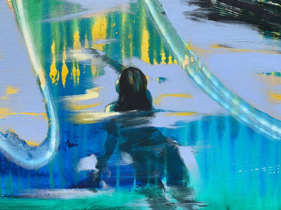 Big painting - "Swimming girl" - Pop Art - Lake - Boat - Bright seascape - Girl in water
