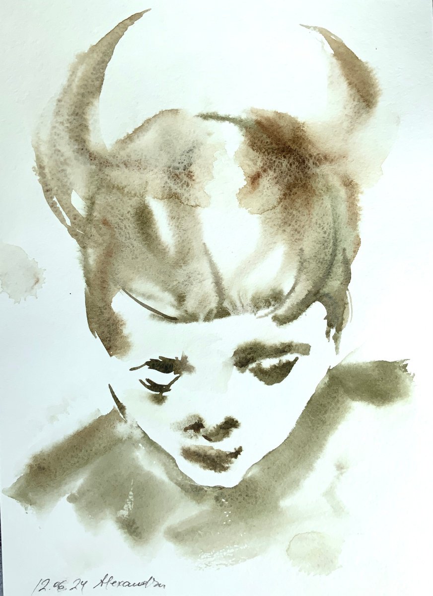 Surrealistic Portrait Ink Drawing By Alexandra Jagoda (Ovcharenko), 8 X 11, Horned Enigma, Original Artwork