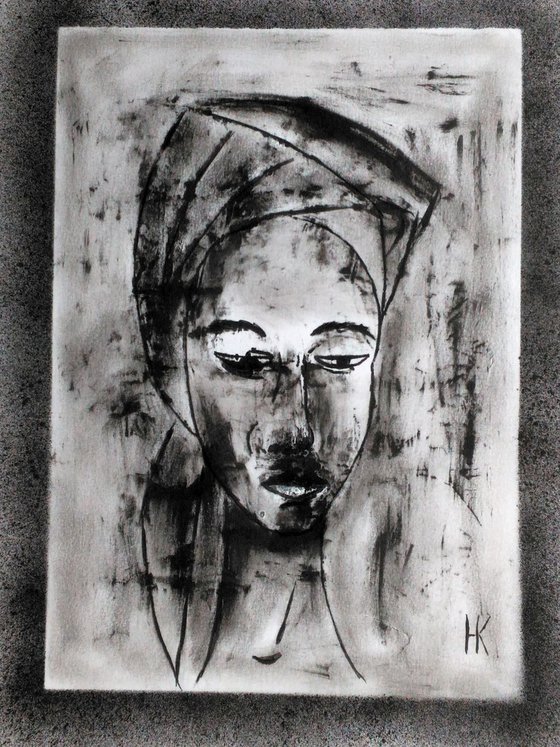 Woman portrait original oil monoprint on paper black monochrome art" In thoughts"