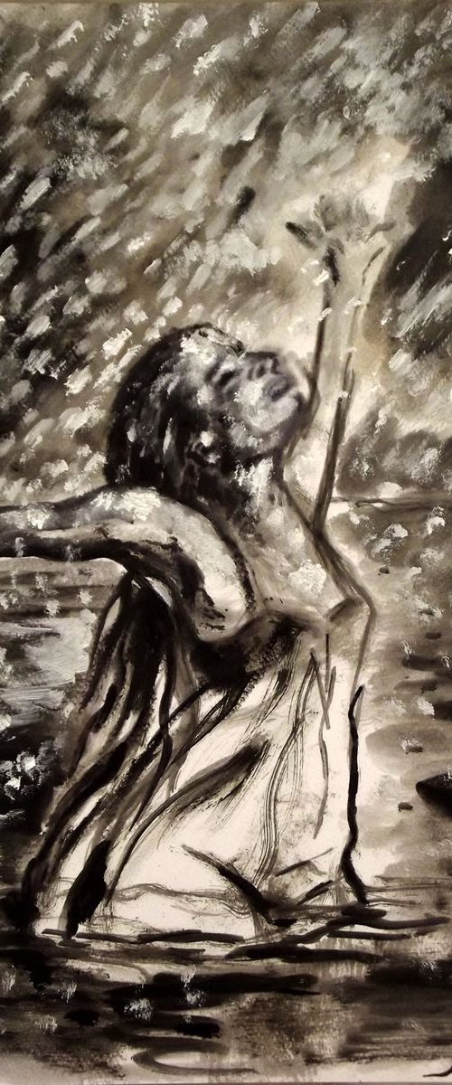 RAINY LAKE GIRL - MISSING THE RAIN - Thick oil painting - 30x42cm by Wadih Maalouf
