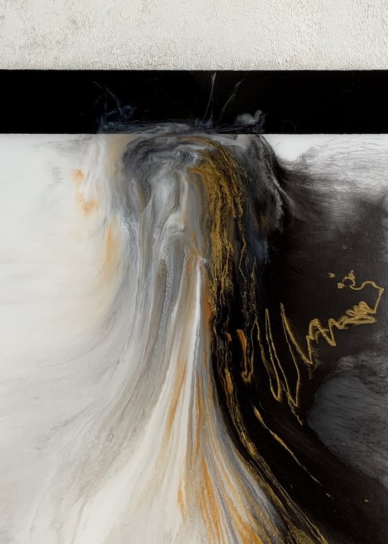 Dance Into Destiny - XL LARGE;  BLACK, WHITE & GOLD ABSTRACT ART;  RESIN CONTEMPORARY MODERN PAINTING. READY TO HANG!