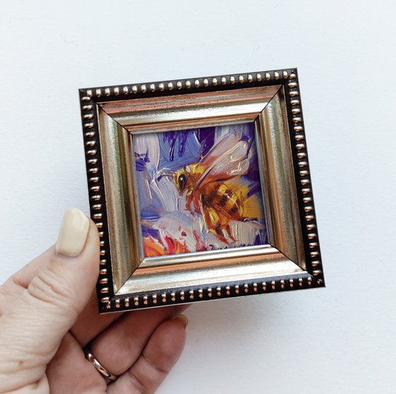 Bee art framed oil painting original 2x2, Mini Bee painting oil purple, Honey bee wall art decor miniature