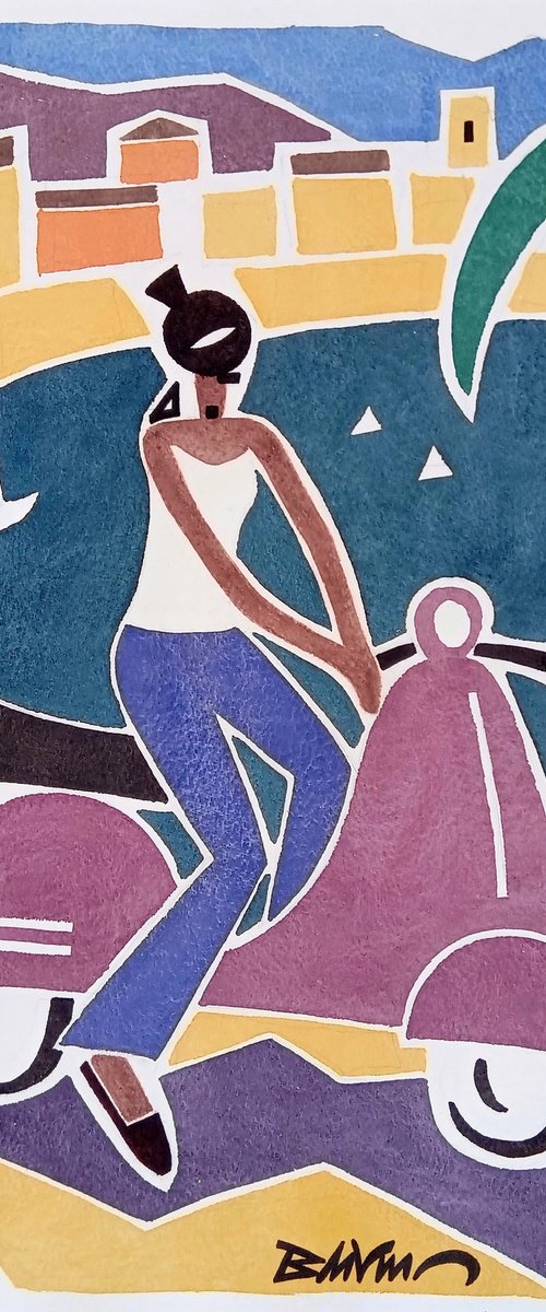 woman on scooter by Bertrand de Vismes