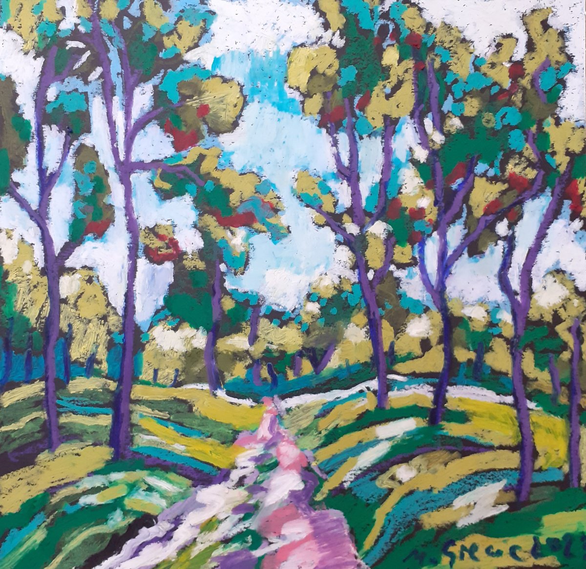 Impressionistic Landscape Pastel Drawing By Maja Grecic, 12 X 12", Spring Path And The Sky, Original Artwork